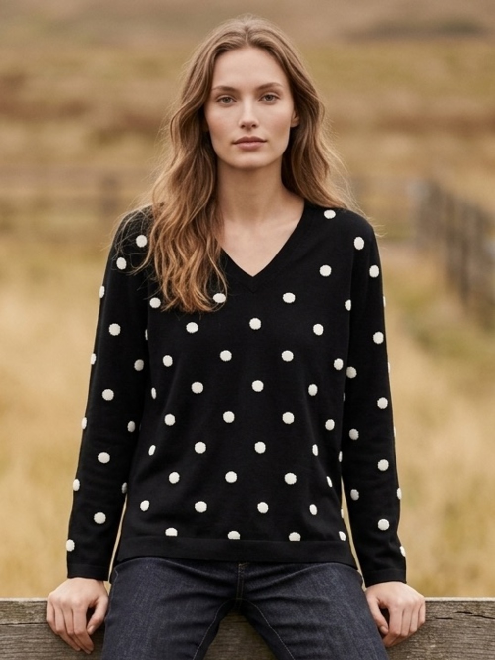 Tommy Hilfiger polka dot, vneck sweater, sz L, cotton, black/white